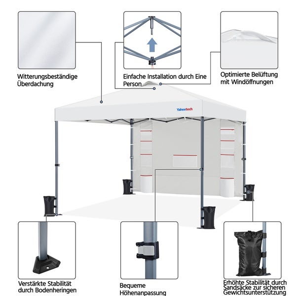 Yaheetech Faltzelt mit witterungsbeständiger Überdachung, einfacher Installation, optimierter Belüftung, verstärkter Stabilität durch Bodenheringe und Sandsäcke sowie bequemer Höhenanpassung.