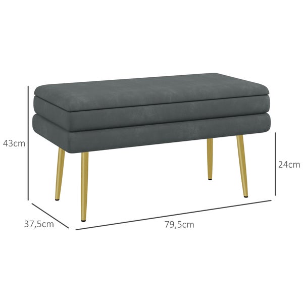 HOMCOM Sitzbank, Polsterbank mit Stauraum, mit Stahlbeine, Schuhbank, Aufbewahrungsbank für Wohnzimmer, Schlafzimmer,  79,5 x 37,5 x 43 cm, Samtoptik, Grau