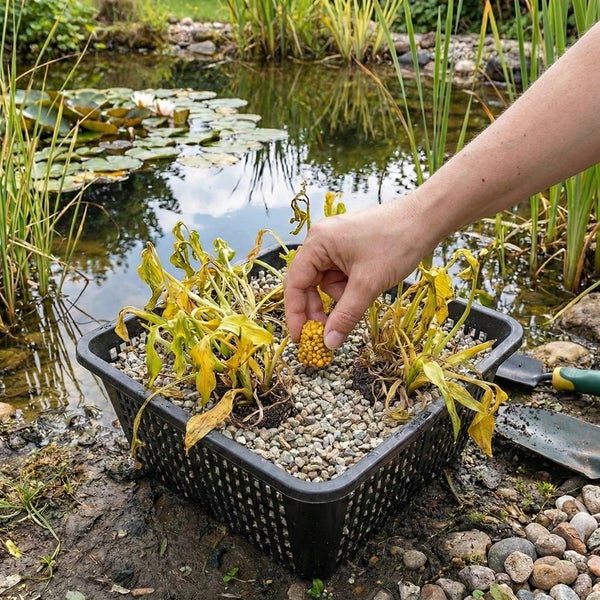 Hand setzt einen Düngerkegel in einen Teichpflanzkorb mit Kies und Wasserpflanzen am Rande eines Gartenteichs.