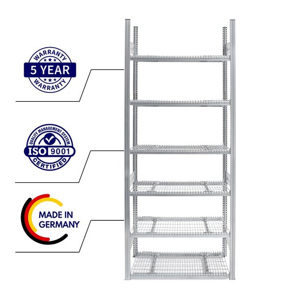 Metallregal mit sechs Gitterböden, hergestellt in Deutschland, mit ISO 9001-Zertifizierung und fünf Jahren Garantie.