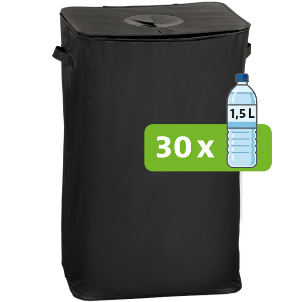 Wäschesammler in Schwarz mit einem Fassungsvermögen von 45 Litern, entsprechend dreißig 1,5-Liter-Flaschen.