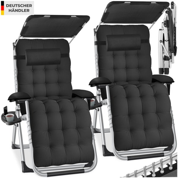 Zwei Relaxliegen mit Sonnendach und Getränkehalter