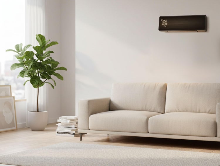 Wohnzimmer mit Sofa, Zimmerpflanze und an der Wand montierter Klimaanlage