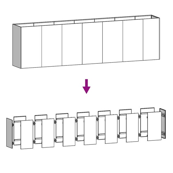 Technische Zeichnung zum Aufbau einer modularen Verkleidung mit acht Paneelen und Verbindungsstücken.