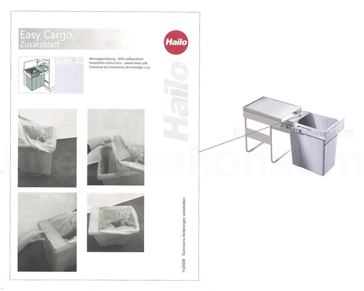 Hailo Easy Cargo Einbaumülleimer mit Auszugsystem, Montageanleitung und Bildern zur Beutelbefestigung sowie Hailo Logo.