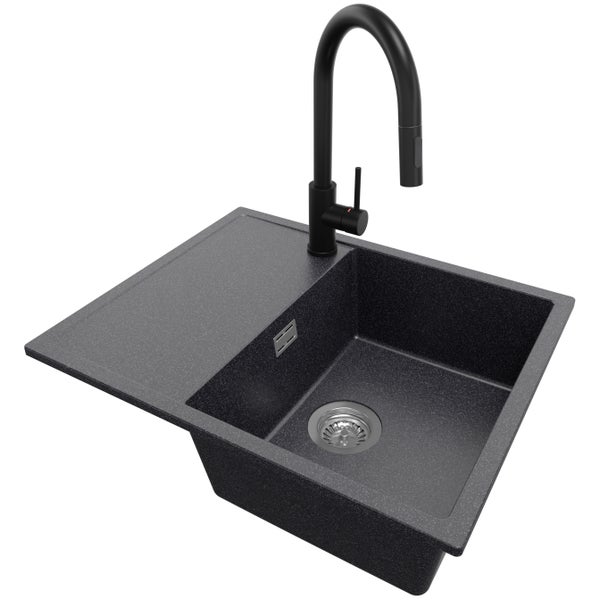 PRIMAGRAN Granitspüle Anthrazit 62x50cm, Spülbecken 1 Becken + Küchenarmatur 40x20cm + Ablauf-Set, Küchenspüle ab 45er Unterschrank - Ibiza