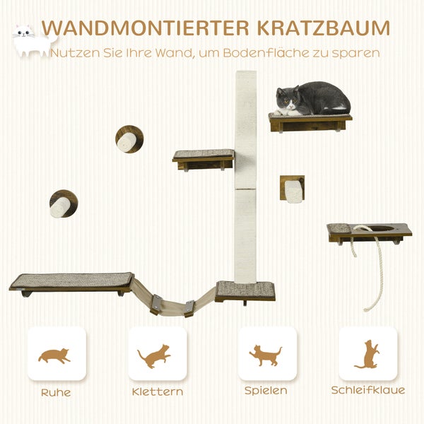 PawHut Katzen Kletterwand Set, 8-teilig Katzenmöbel mit Kratzbäumen, Sitzstangen, Kratzbrett, Katzentreppe, Sisal, Braun