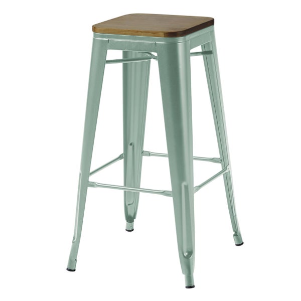 Barhocker aus Metall in Mintgrün mit Sitzfläche aus dunklem Holz