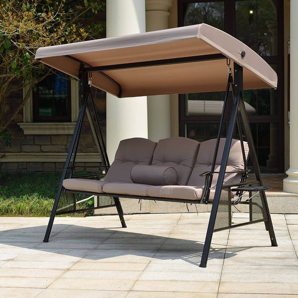 Home Deluxe - Hollywoodschaukel DESCANSO Beige - 3-Sitzer, B/H/L 115cm x 195cm x 198cm, inkl. Getränkehalter, Sitz- und Rückenkissen I Gartenliege Gartenlounge Schaukelliege
