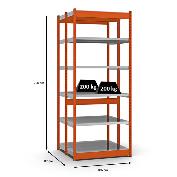 PROREGAL Fachbodenregal Stecksystem Vierkant-Profil Grundregal HxBxT 250 x 102,5 x 40 cm 2x6 Ebenen Doppelseitige Bauart Fachlast 200 kg Orange