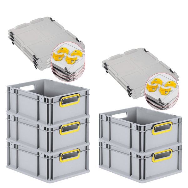 PROREGAL Spar Set 5x Eurobox Nextgen Color Mit Auflagedeckel & Schiebeschnappverschlüsse HxBxT 17 x 30 x 40 cm Griffe Gelb Offen Glatter Boden