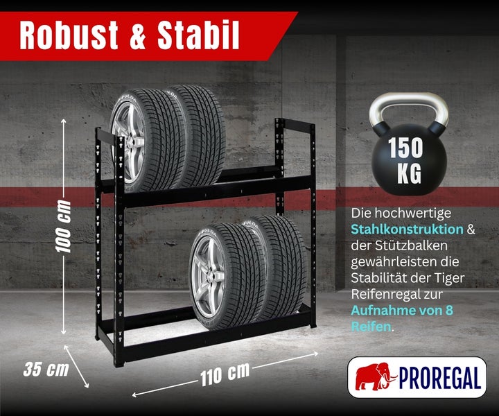 Schwarzes Stahl-Reifenregal von Proregal für 8 Reifen, Traglast 150 Kilogramm. Maße: 100 Zentimeter hoch, 110 Zentimeter breit, 35 Zentimeter tief.
