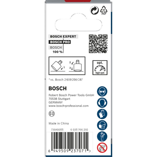 Bosch Expert Verpackung mit Informationen zu Produkteigenschaften und Sicherheitshinweisen.