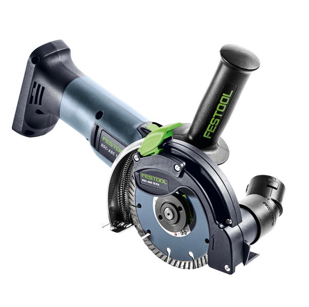 Festool batteriebetriebenes Freihandschneidesystem DSC-AGC 18 FH mit Diamant-Trennscheibe und Absaughaube.