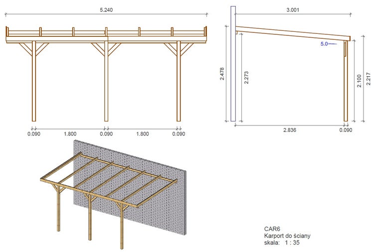 Carport Garagendach 3x5,24 m - 15 m2 - an der Hauswand montiert 