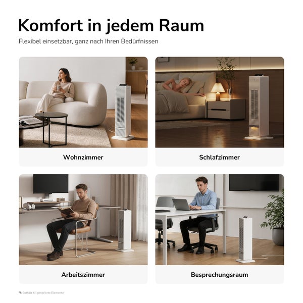 Vier Anwendungsbeispiele eines Turmheizlüfters im Wohnzimmer, Schlafzimmer, Arbeitszimmer und Besprechungsraum für flexiblen Komfort.