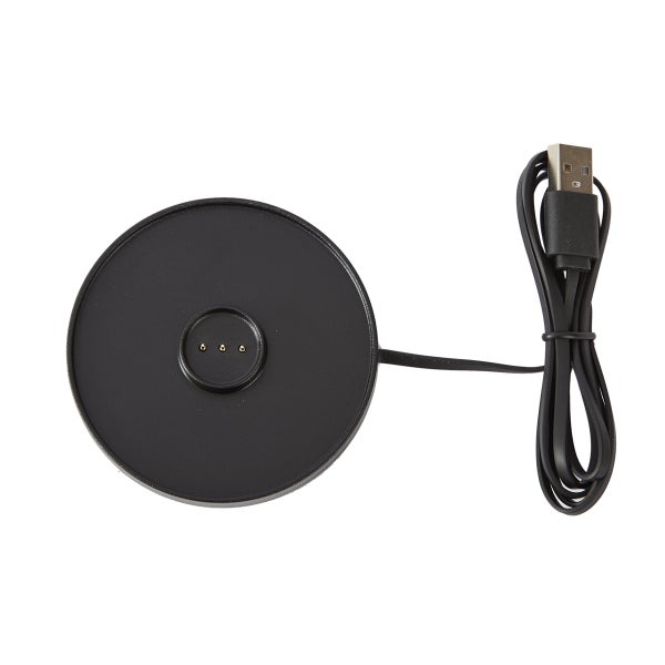 Schwarze runde Ladestation mit drei Kontaktstiften und USB-Anschlusskabel.