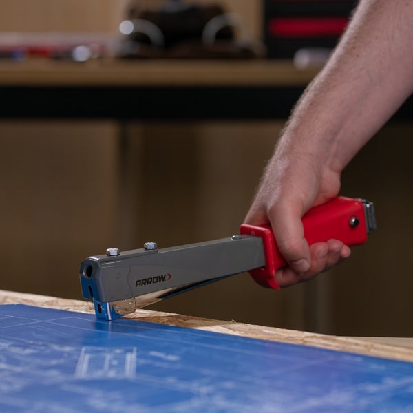 Eine Hand bedient einen Hammer-Tacker von Arrow, um einen Plan auf einer Holzplatte zu befestigen.