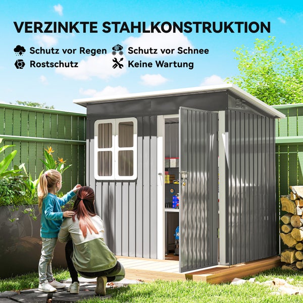 Modernes Gartenhaus aus verzinktem Stahl in Grau mit Fenster, Schutz vor Regen und Schnee, Rostschutz und wartungsfrei im Garten.