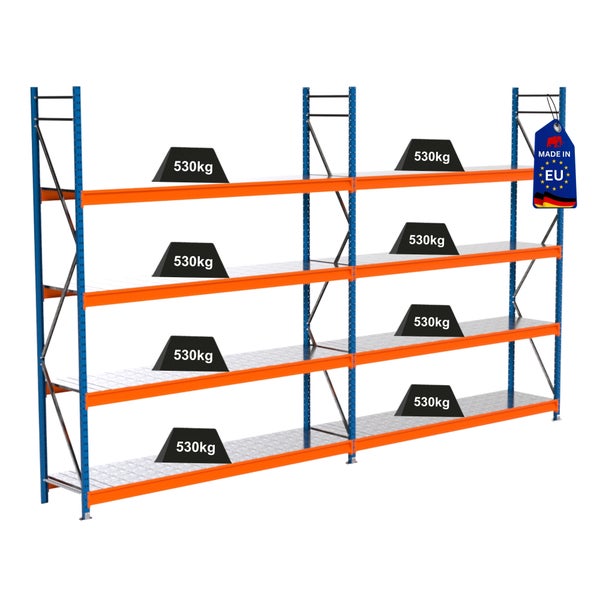 Regalsystem mit mehreren Ebenen und hoher Traglast von 530 Kilogramm je Ebene, Made in EU Siegel
