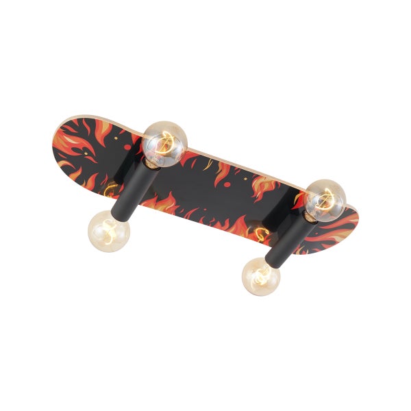 Deckenleuchte im Skateboard-Design mit Flammenmuster und vier Leuchtmitteln.