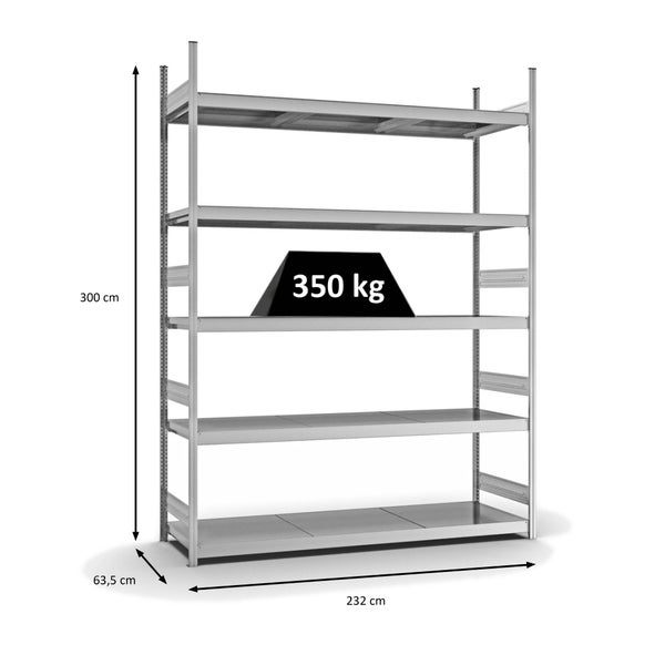 PROREGAL Weitspannregal Stecksystem T-Profil Grundregal HxBxT 300x225x60 cm 5 Ebenen Stahlplatten Fachboden Fachlast 350 kg Verzinkt