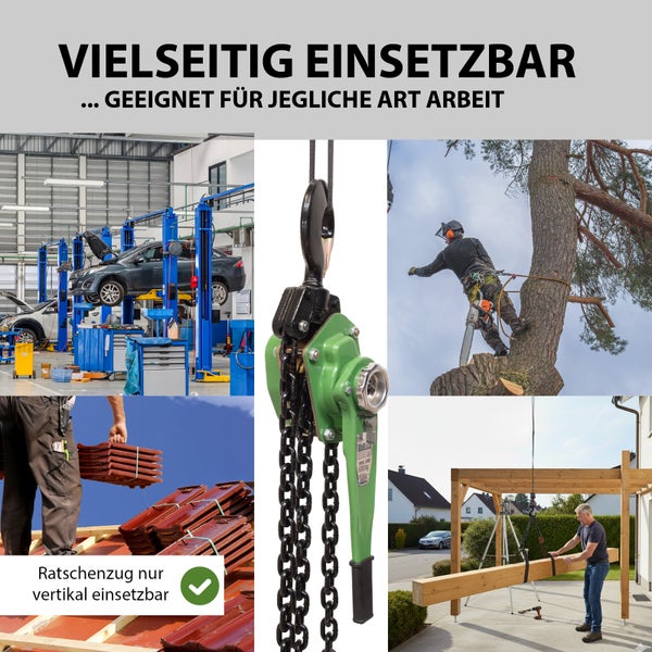 Hebelzug mit Kette in verschiedenen Einsatzgebieten wie Autowerkstatt, Baumpflege, Dachbau und Holzbau zur vertikalen Lastenbewegung.