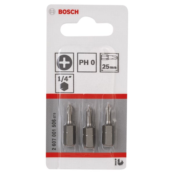 Bosch Logo. Packung mit drei Schrauberbits, Phillips Größe 0, Länge 25 Millimeter, Schaftgröße ein Viertel Zoll
