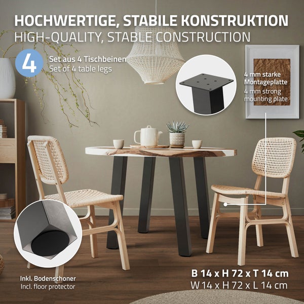 ML-Design 4er Set Tischbeine schräg H:72 cm, Dunkelgrau, Optik Industrial, Stahl pulverbeschichtet, Profil 8x8 cm, I-Form, Möbelfüße Metall 96° Neigung, Tischfüße Möbelbeine für Couchtisch, Sitzbank