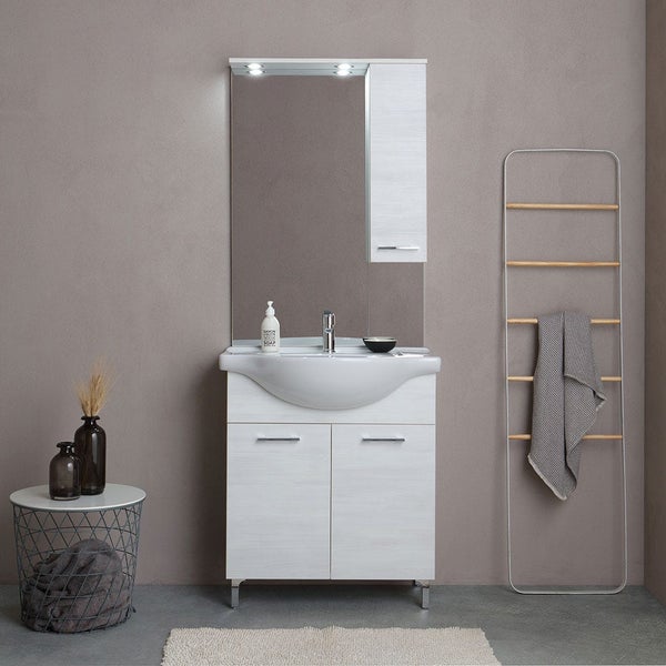 75cm Badschrank mit Türen und Füßen, Waschbecken, Spiegel mit Hängeschrank und LED | Rimini