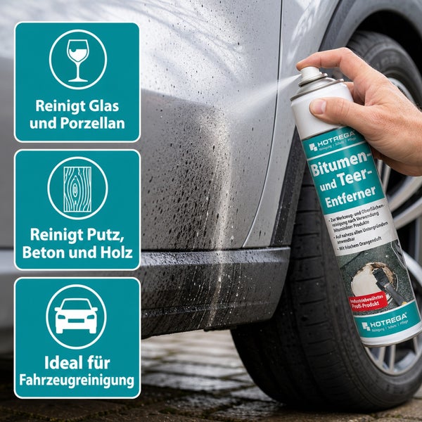 Hotrega Bitumen und Teerentferner Spraydose zur Reinigung von Fahrzeugen sowie Glas, Porzellan, Putz, Beton und Holz.
