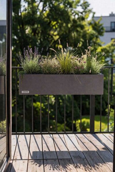 Rechteckiger Vivanno Balkonkasten an einem Metallgeländer, bepflanzt mit Lavendel und Gräsern auf einem Balkon mit Holzdielen.