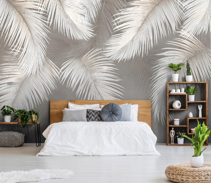 Fototapete Blätter Federn Betonwand Grau Wohnzimmer Vlies Tapete 300x210 cm