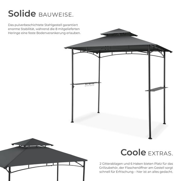 Grillpavillon mit stabilem Stahlgestell, Doppeldach, zwei seitlichen Gitterablagen und Haken für Grillzubehör.