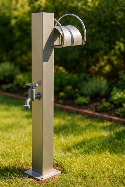 Garten-Wasserzapfsäule aus Metall mit Wasserhahn und integriertem Schlauchhalter auf einer Rasenfläche in einem hellen, gepflegten Garten.