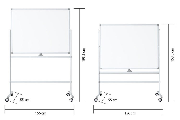 Mobile Whiteboards mit Maßen: Breite 156 Zentimeter, Tiefe 55 Zentimeter, Höhe verstellbar von 153,5 bis 193,5 Zentimeter.