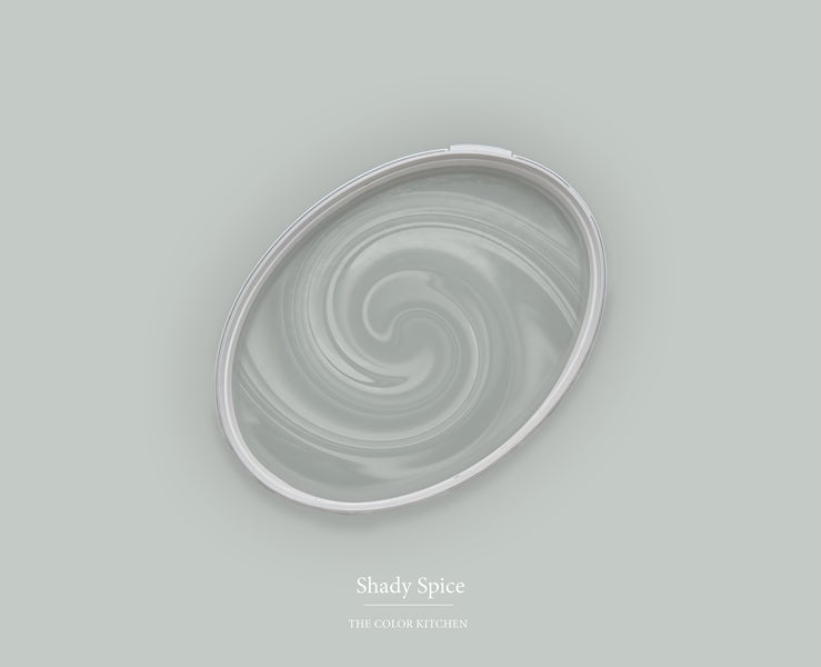 Wandfarbe The Color Kitchen Shady Spice Farbmuster in ovaler Form mit Wirbelstruktur.