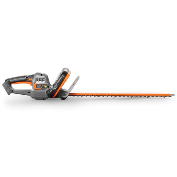 Akku-Heckenschere in Grau und Orange mit langem Schwert und ergonomischem Handgriff.