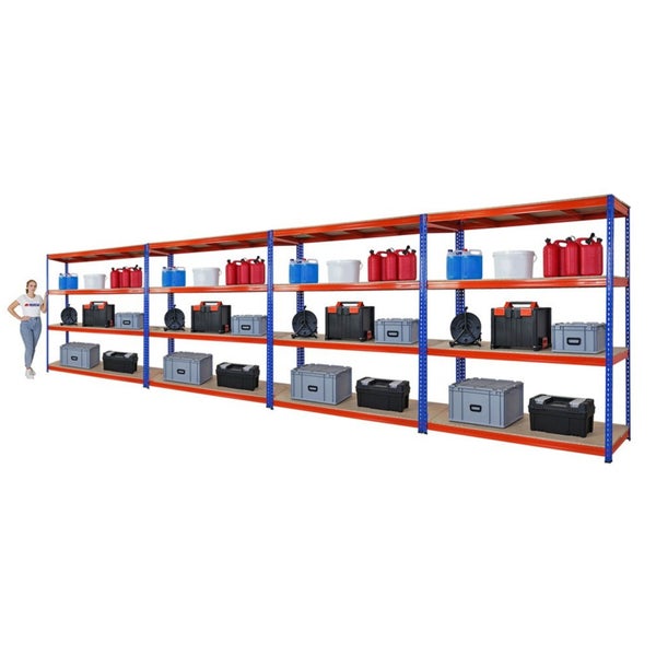 PROREGAL Mega Deal 4x Profi Schwerlastregal Bison HxBxT 200 x 180 x 60 cm 4 Fachböden Fachlast 600 kg Blau-Orange