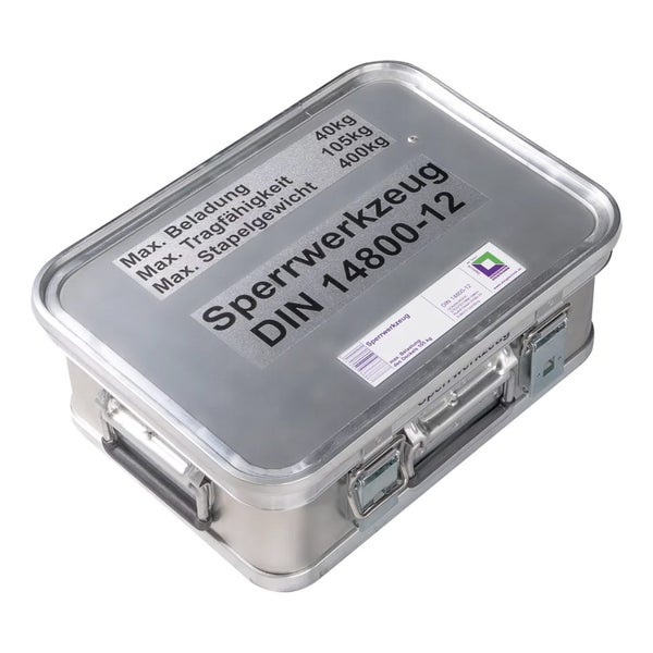 MUNK Rettungstechnik Aluminium Kasten 400x300x150mm mit Deckel, Beschriftung Sperrwerkzeug