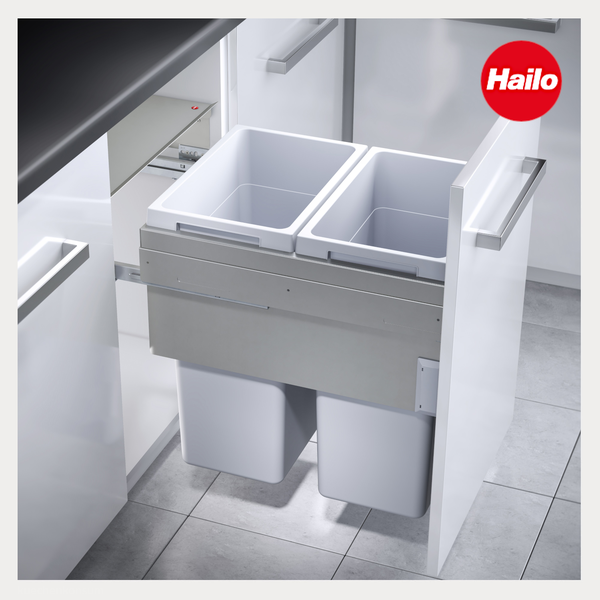 Hailo Einbau-Abfalltrennsystem mit zwei Kunststoffbehältern im Küchenunterschrank. Hailo Logo.