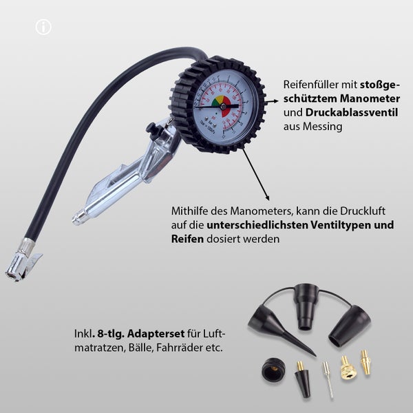 Reifenfüller mit Manometer und Druckablassventil aus Messing inklusive achtteiligem Adapterset für verschiedene Ventilarten.