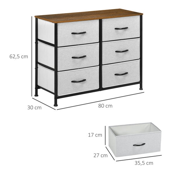 HOMCOM Kommode Sideboard mit 6 klappbaren Stoffschubladen, Schubladenschrank mit Arbeitsplatte, Griff, Mehrzweckschrank mit Kippschutz, für Wohnzimmer Schlafzimmer, Grau