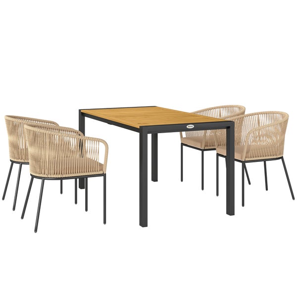 Outsunny 5-teiliges Polyrattan Gartenmöbel-Set für 4 Personen, wetterfest Balkonmöbel mit Tisch 4 Stühle abnehmbar Sitzkissen, Outdoor Terrassenmöbel Lounge-Set für Balkon, Garten, Naturholz+Khaki