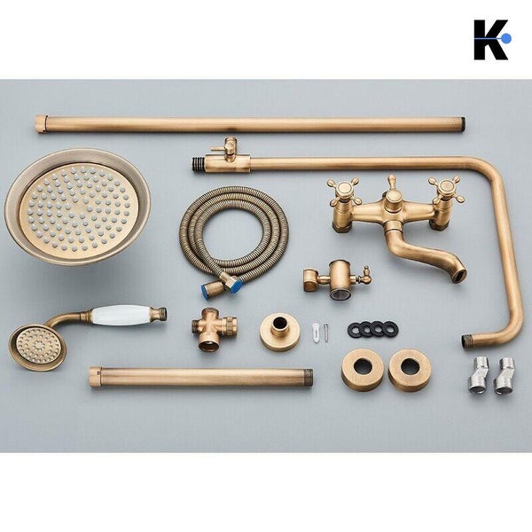 NALA | Vintage Regendusche Set Messing unlackiert Edelstahl | Retro Design Duscharmatur Duschsystem | Mischbatterie Dusche komplett mit Handbrause