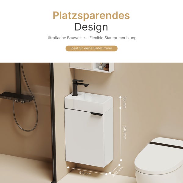 EMKE Waschbecken mit Unterschrank 417×240×646 mm, Badmöbel-Set mit Soft-Close, Türgriff, 2-fach verstellbarem Einlegeboden, Wandmontage, beidseitig montierbar,  Waschtisch-Set, Weiß