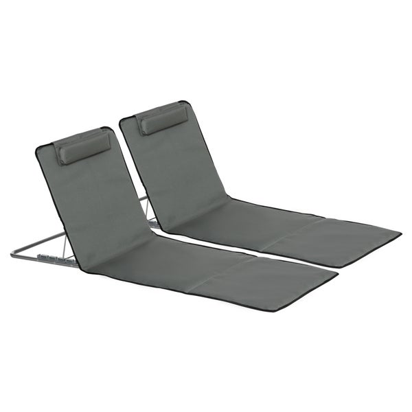 Outsunny Strandmatte, 2er Set Faltbare Strandliege mit Kopfkissen, 5-stufige Höhenverstellbare Strandmatratze mit Tragetasche, Stahl, Grau, 134 x 48 x 33-43 cm