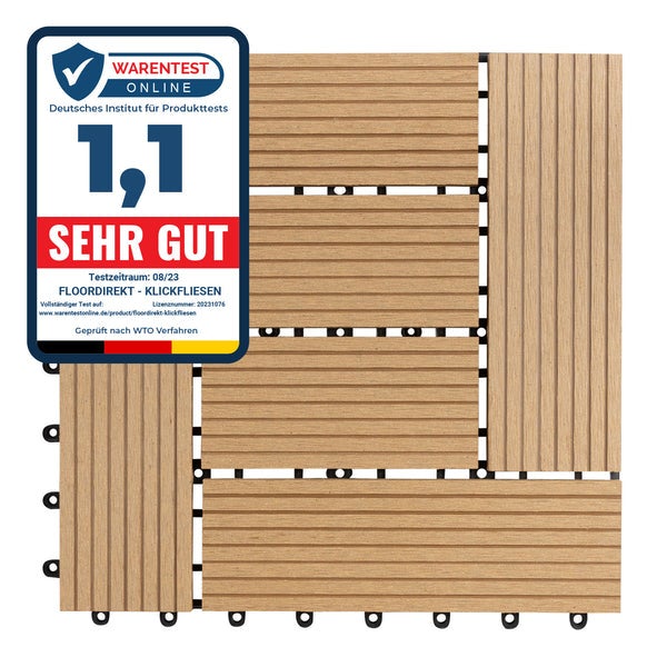 FLOORDIREKT WPC-Klickfliese Classic - Wetterbeständige Terrassenfliese - Teak 30 x 30 cm