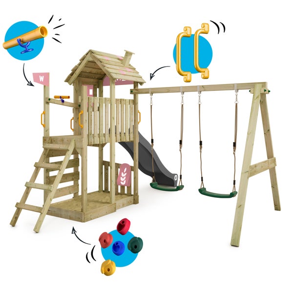 WICKEY Spielturm Klettergerüst FarmFlyer mit Schaukel und Rutsche, Kletterturm mit Sandkasten, Leiter und Spiel-Zubehör – pastellpink