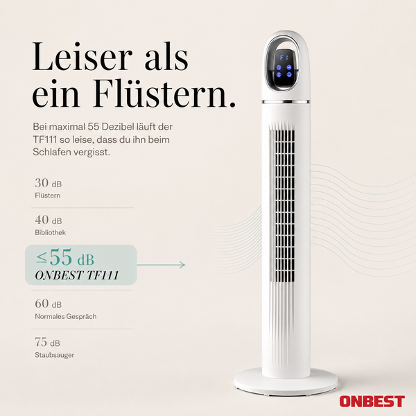 ONBEST TF111 Turmventilator in Weiß mit digitalem Display, Vergleich der Lautstärke bis maximal 55 Dezibel und ONBEST Logo.